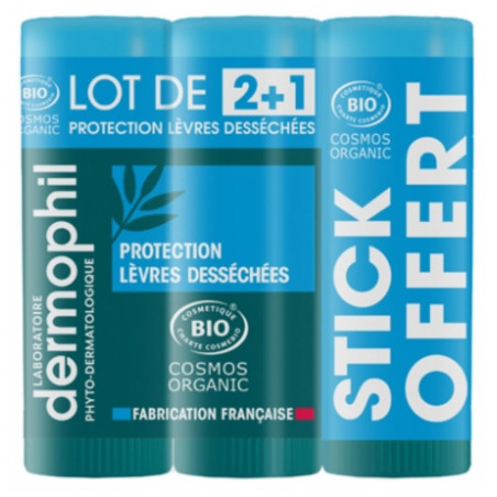 Dermophil Indien Protection Lèvres Desséchées Bio Stick Lot de 2x4g + 1 Offert