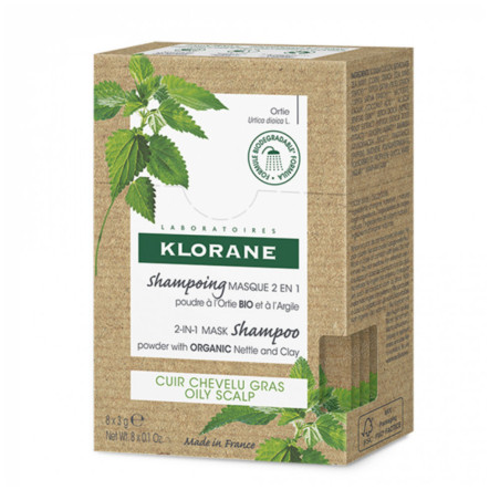 Klorane Ortie Shampooing Poudre Masque 2 en 1 à l'Argile 8 sachets